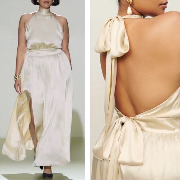Reformation Alani Silk Halterneck Open Back Ivory White Maxi Dress Size 14 - Picture 3 of 12